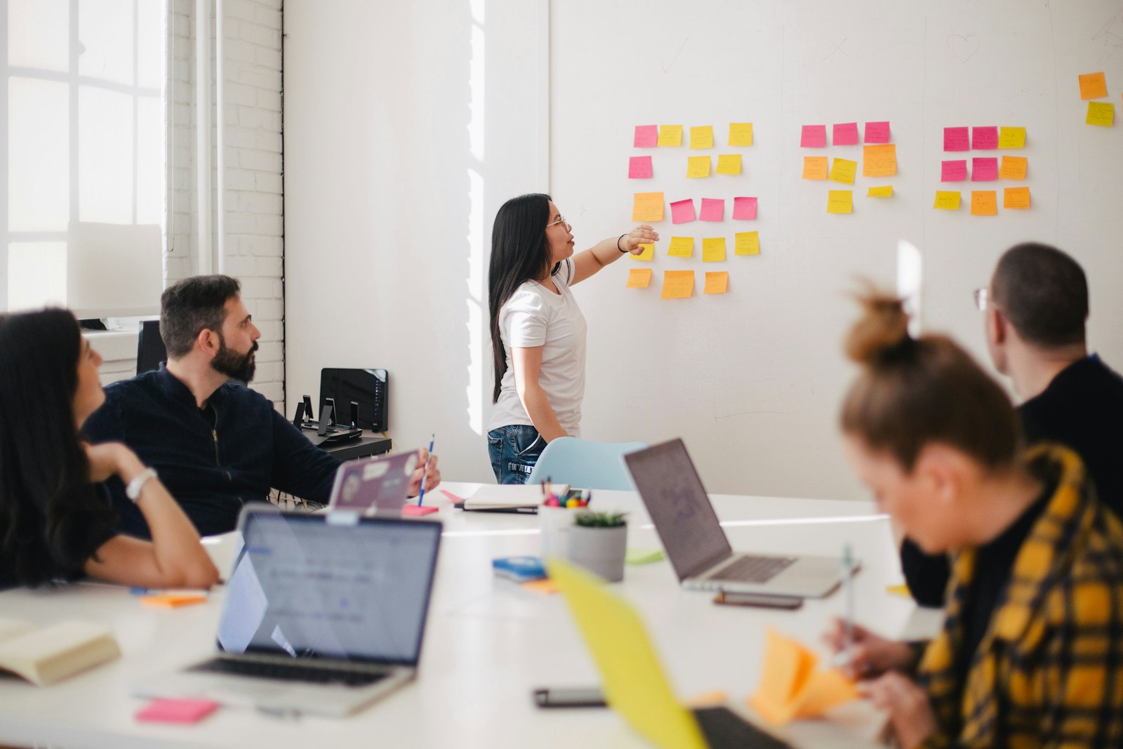 A team planning work on a wall of notes